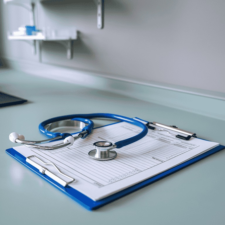 Stethoscope and clipboard with medical forms on a desk, symbolizing healthcare documentation and oversight.