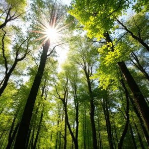 sunlight filtering through a healthy forest canopy representing growth, balance, and sustainability