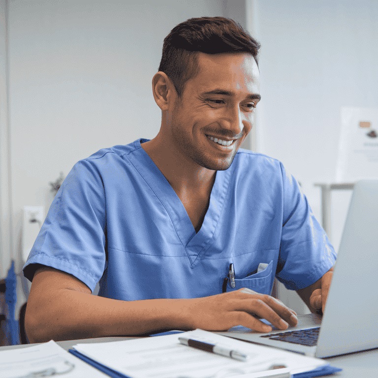 Healthcare provider using a laptop to register for collaboration services online.