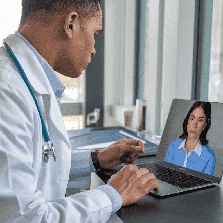 Doctor sitting at a desk, engaged in a video call with a woman on the screen, showcasing remote collaboration in healthcare.