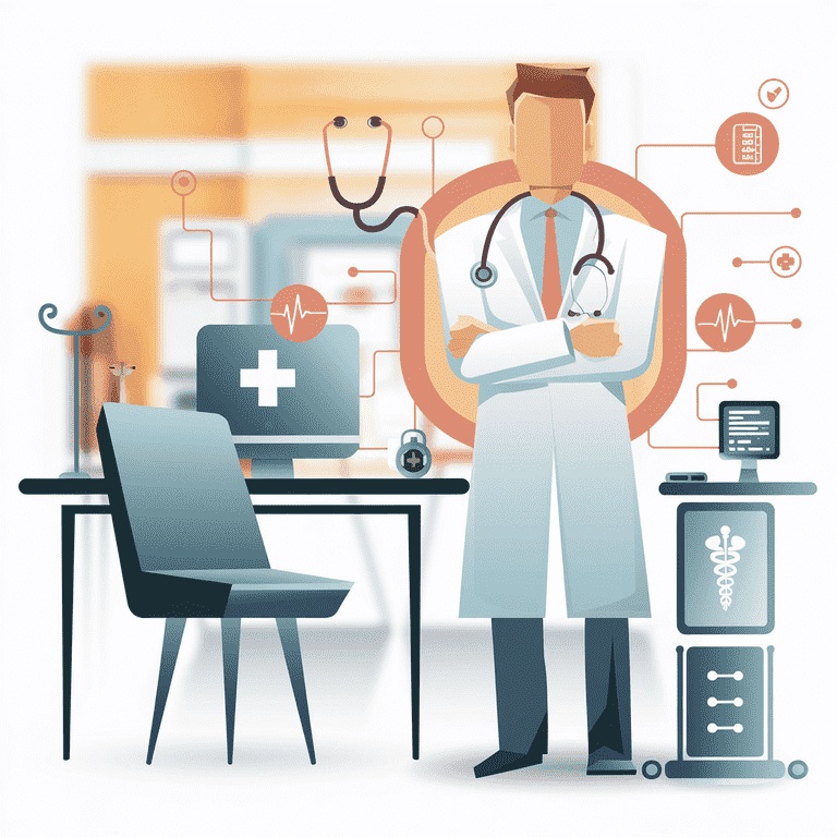 A digital graphic featuring healthcare icons surrounding a central figure of a remote doctor, representing the glossary of medical terms.