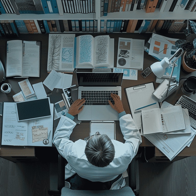 Medical Director surrounded by educational materials, books, and digital resources at a desk.