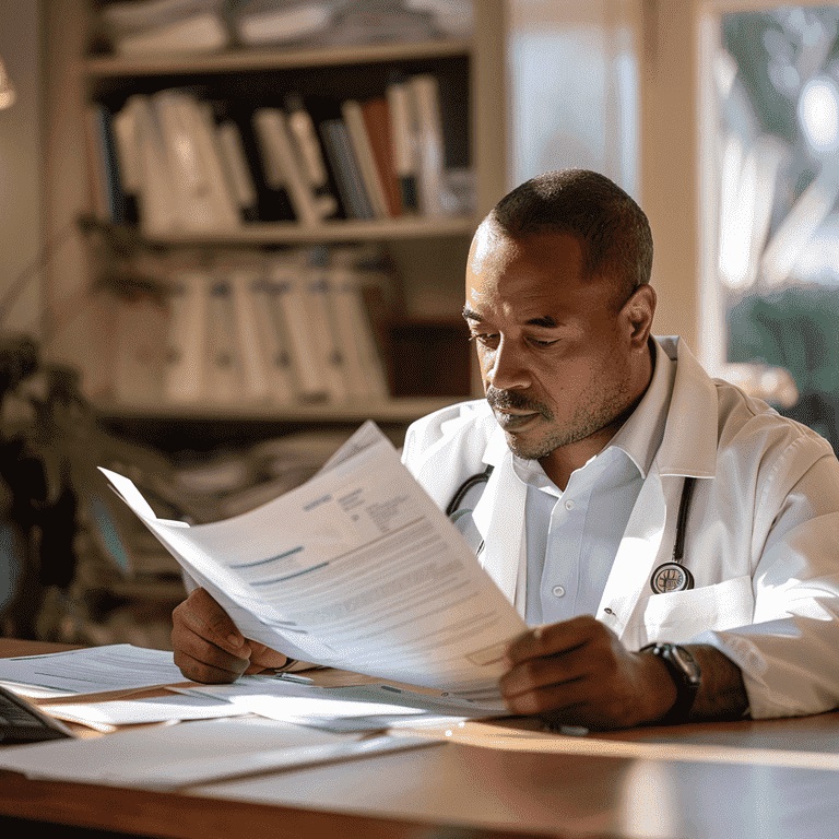 Medical Director reviewing patient files and medical charts in an office.