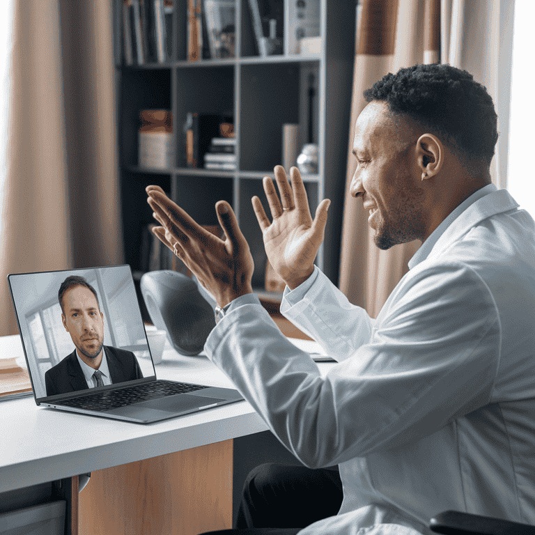 A physician in a home office speaking to a man on a laptop screen, illustrating remote collaboration between a physician and an Advanced Practice Provider.