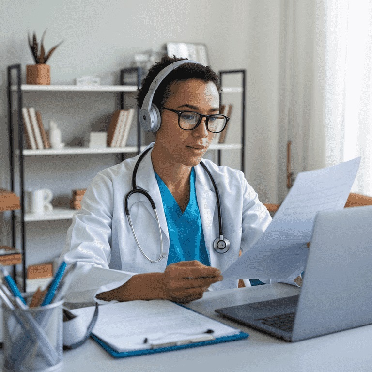 Physician working remotely on a laptop, engaged in policy development for healthcare operations.