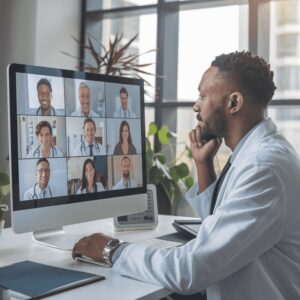 Physician leading a virtual meeting with a medical team on screen, representing remote medical director responsibilities.