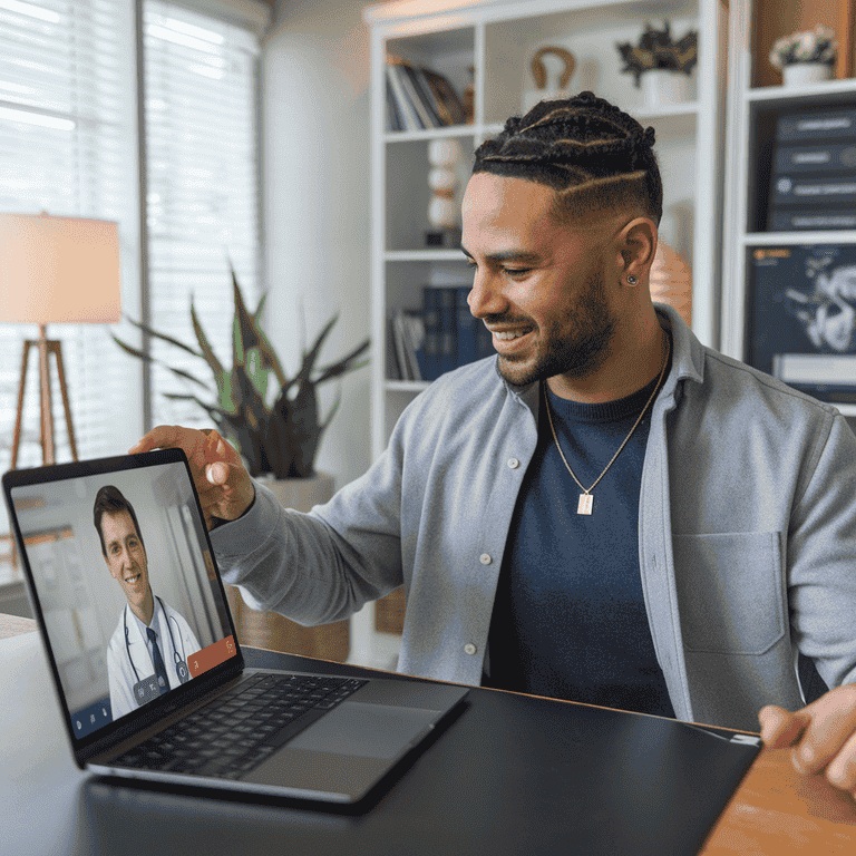 Healthcare provider closing a laptop after a successful virtual meeting with a collaborating physician, signaling the conclusion of a productive partnership discussion.