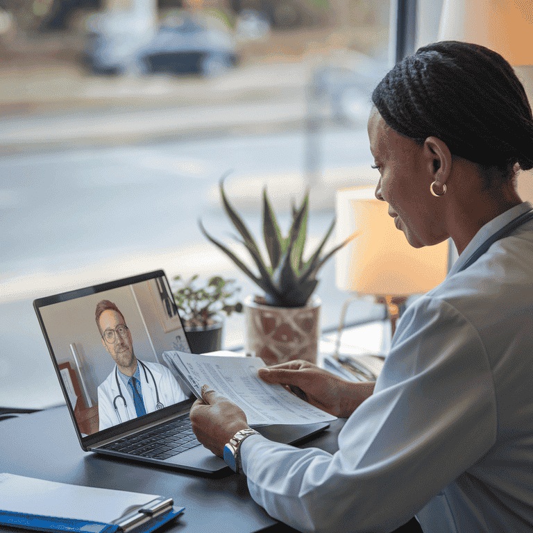 Healthcare provider in a virtual meeting with a collaborating physician to discuss medical weight loss protocols.