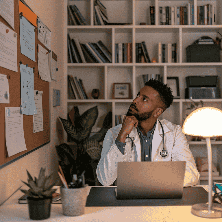 Doctor in a home office reflecting on professional goals and strategies.