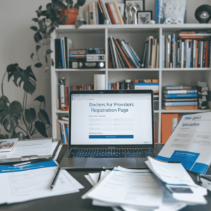 Laptop in a home office displaying the Doctors For Providers registration page for finding collaborating physicians.