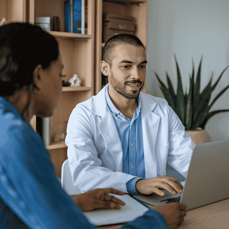 A physician in a home office, engaging in a virtual meeting with a colleague.