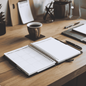 A desk with an open planner, symbolizing the next steps in professional collaboration.