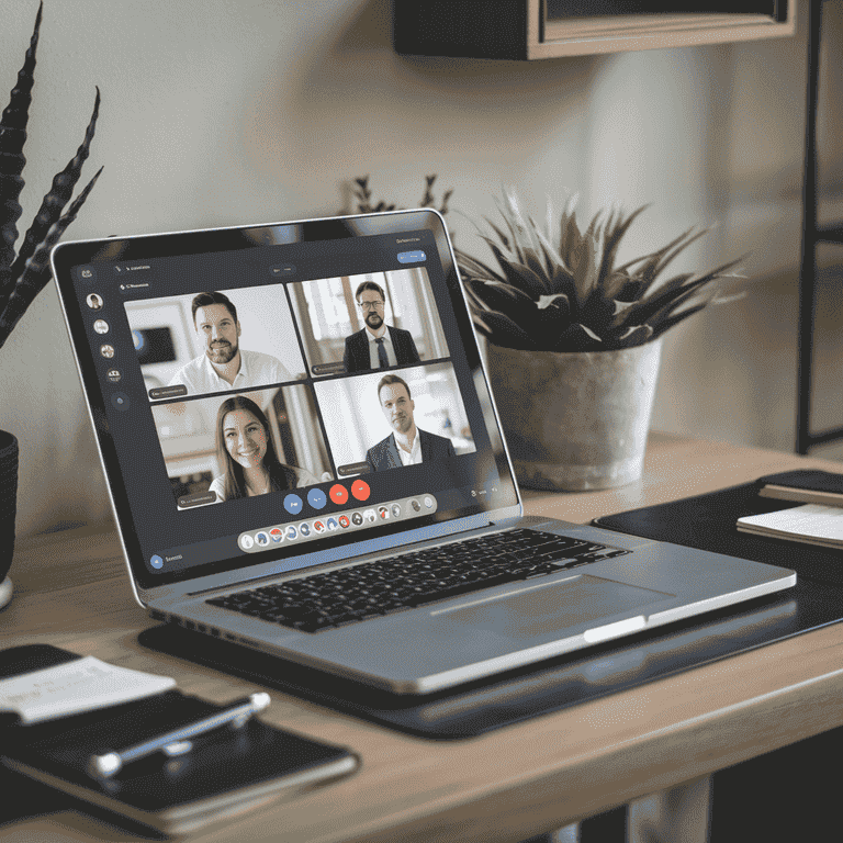 A laptop on a desk with a video call interface displayed, representing a virtual consultation.