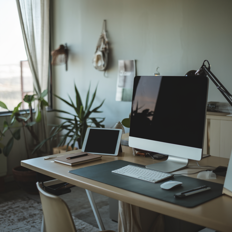 Serene home office setting for telemedicine work, with a computer and inviting workspace.