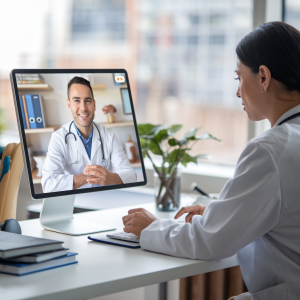 Telemedicine consultation setup with healthcare provider on screen.