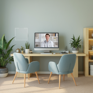 A hybrid medical practice showing a telemedicine consultation on a computer screen in a medical office.