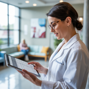 Healthcare provider reviewing work schedule during transition from part-time to full-time practice.