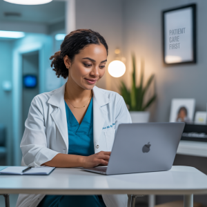 Healthcare professional analyzing financial and patient data on a digital device to evaluate cost-benefit of mobile clinics.