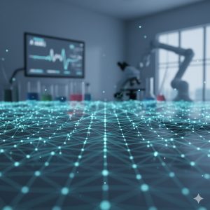 Abstract digital network connections with a healthcare environment background, symbolizing the integration of technology and medicine.