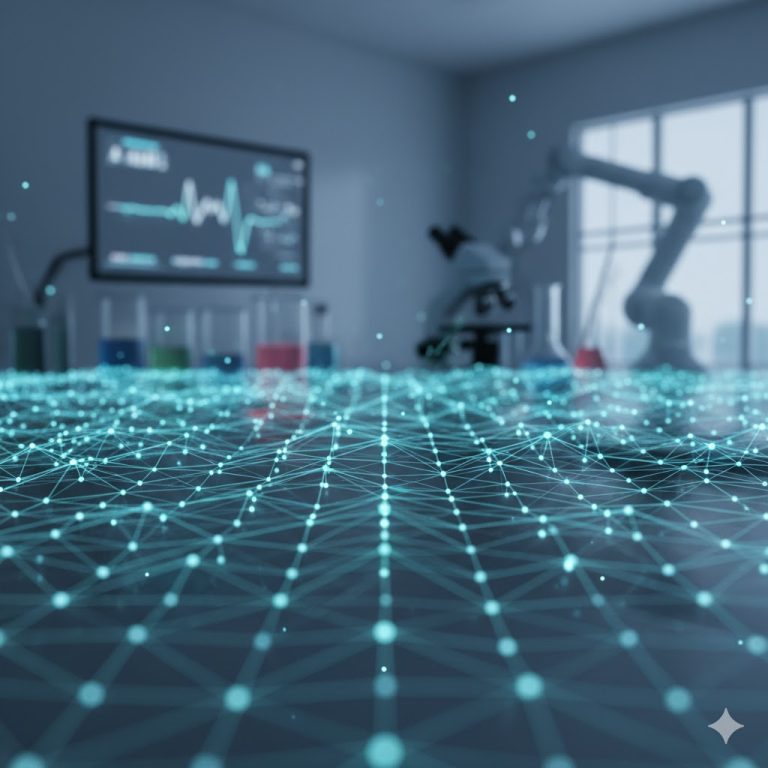 Abstract digital network connections with a healthcare environment background, symbolizing the integration of technology and medicine.