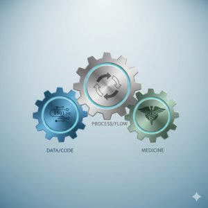 Three interlocking, stylized gears with abstract icons for data, process, and medicine, symbolizing the smooth integration of AI into workflow. 