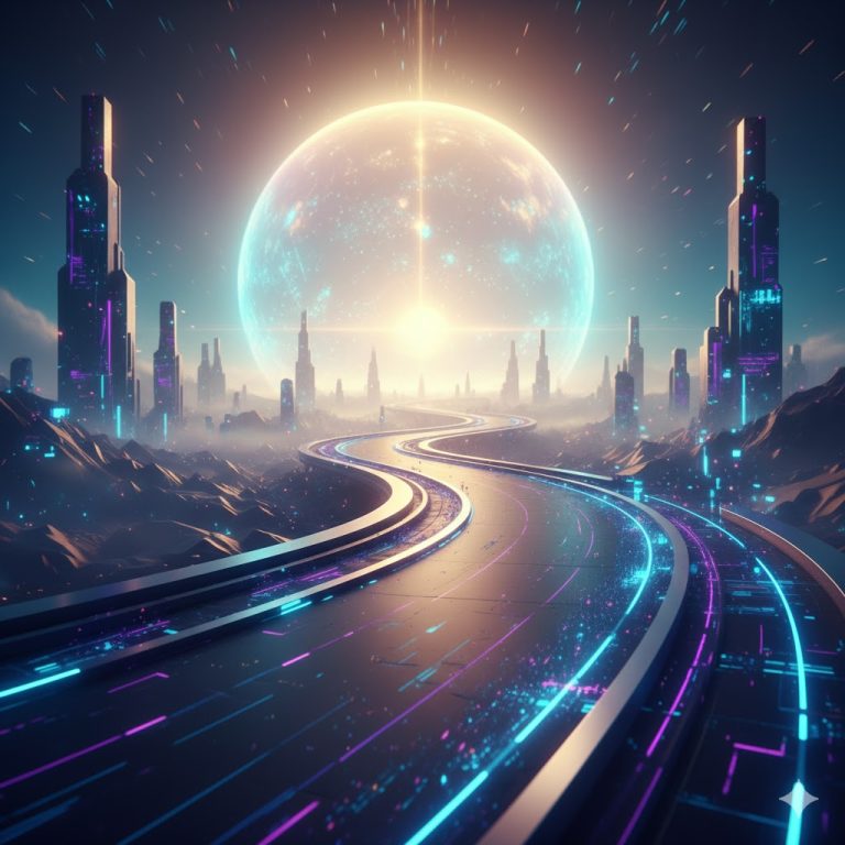 Futuristic winding path leading towards a luminous horizon with digital light trails, symbolizing future progress and innovation.