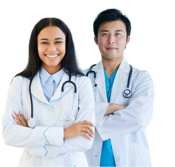 two collaborating physicians standing