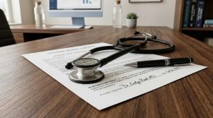 A close-up of a signed Collaborative Practice Agreement and a stethoscope on a desk.