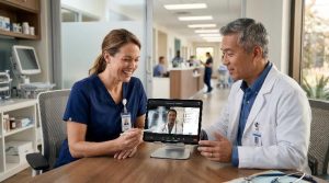 A Nurse Practitioner and a collaborating physician reviewing patient charts together on a tablet.