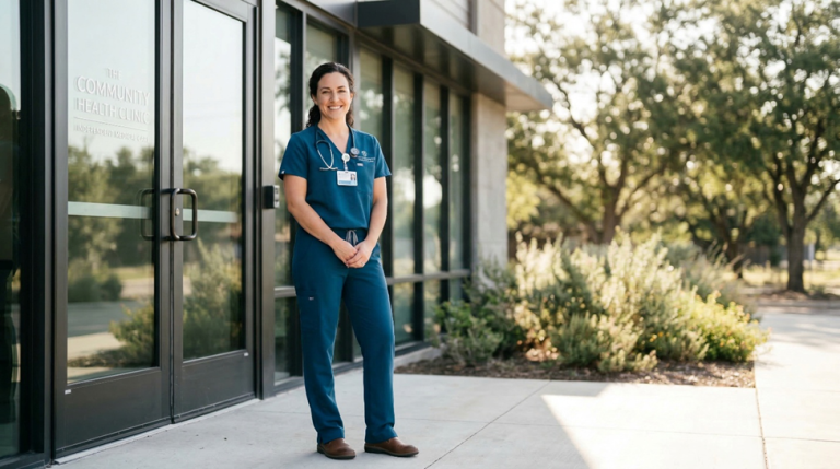 A smiling Nurse Practitioner standing confidently outside her independent medical clinic.