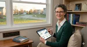Remote physician analyzing practice information and services on a digital dashboard during a virtual meeting