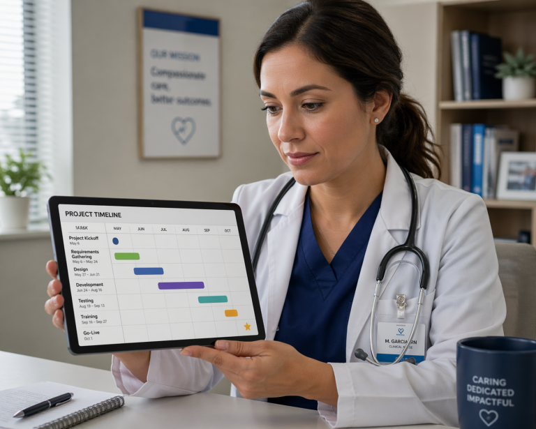 A healthcare professional reviewing a project timeline on a tablet.