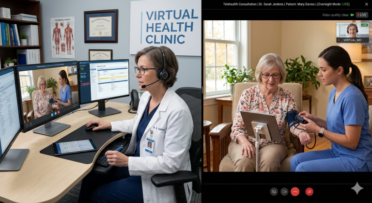 Remote physician reviewing patient records on a video call with digital medical charts displayed on screen