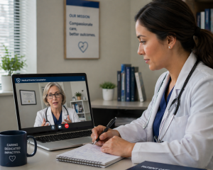 A doctor engaging in a remote medical director consultation via a laptop screen.