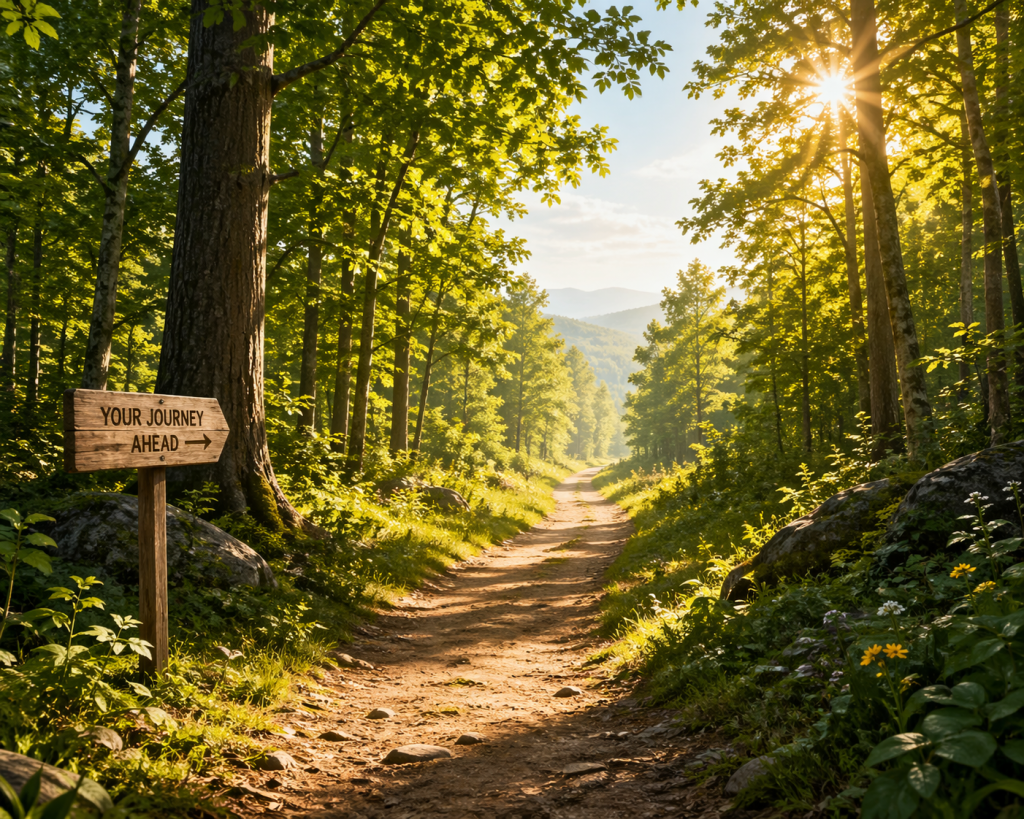 A sunlit forest path symbolizing the clear journey ahead.