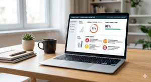 Virtual compliance officer analyzing digital healthcare policy alerts on a dashboard