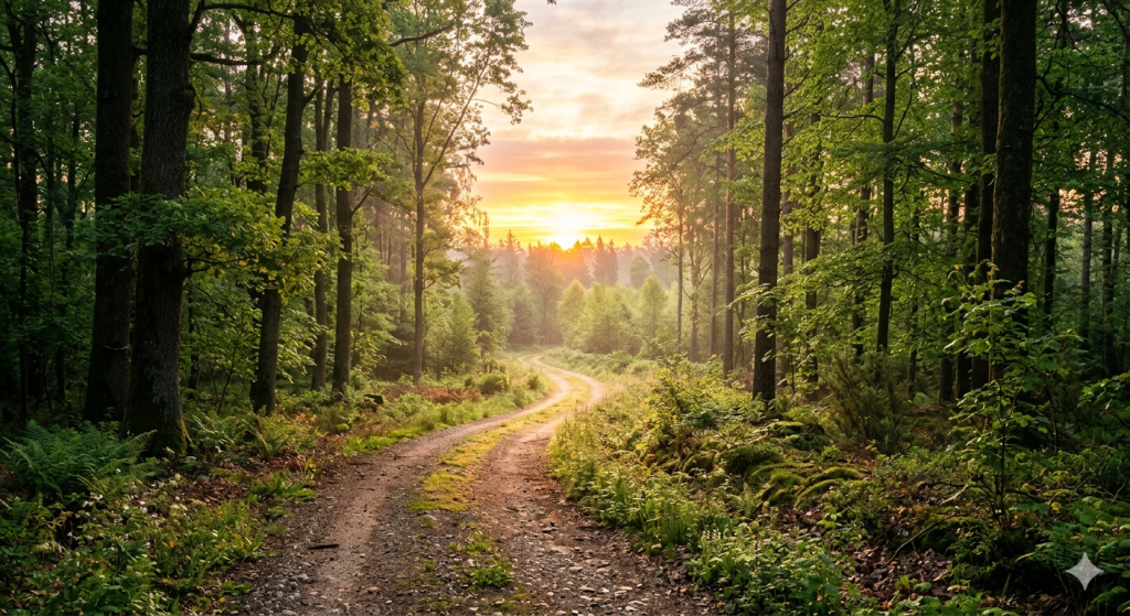Forest path leading toward a sunrise in a natural landscape