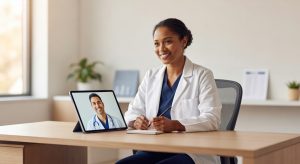 Female nurse practitioner on a video call with a collaborating physician, reviewing patient information on a tablet.