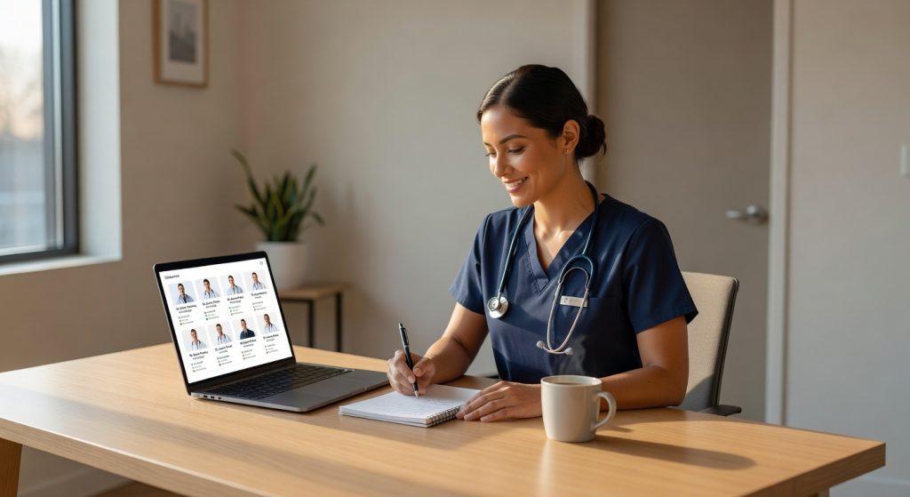 Nurse practitioner and physician remotely reviewing documents together in a modern clinic setting.