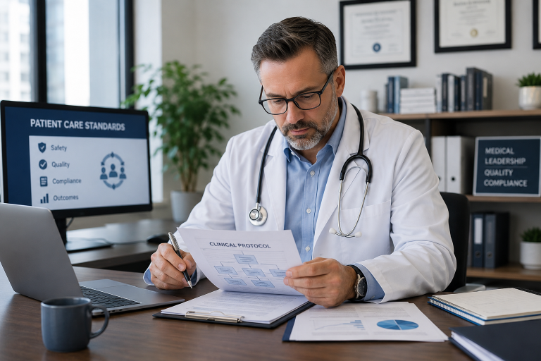 medical director reviewing healthcare compliance documents and clinic operations