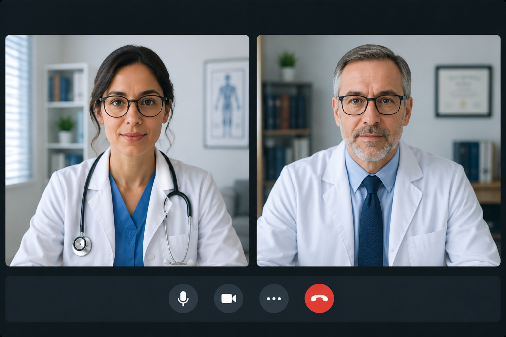 virtual video call between a physician and medical director discussing patient care remotely