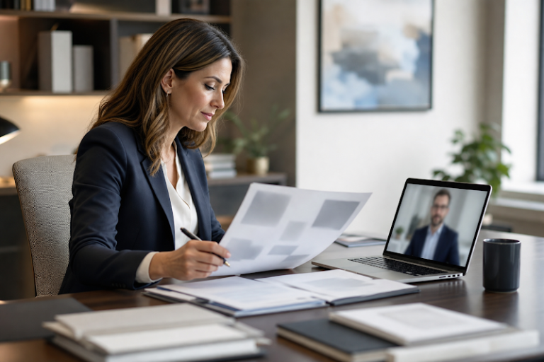 Practice owner reviewing abstract ownership documents during a remote physician consultation.