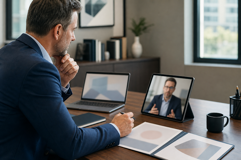 Business owner and remote physician reviewing abstract clinical governance documents on a laptop.