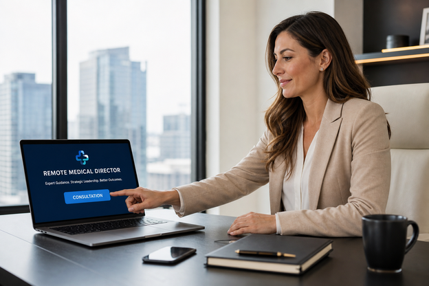 A confident practice owner in professional business attire seated at a modern desk, ready to schedule a remote consultation to find a collaborating physician. No clinical setting, no medical attire.