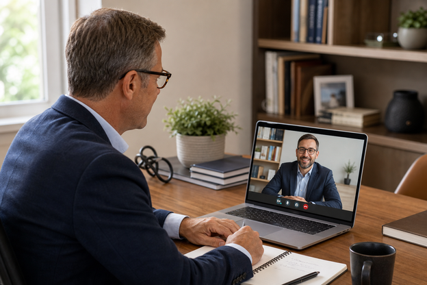 A healthcare professional at a modern home office desk engaged in a remote video consultation with a physician visible on the laptop screen, representing the process of finding a collaborating physician match.