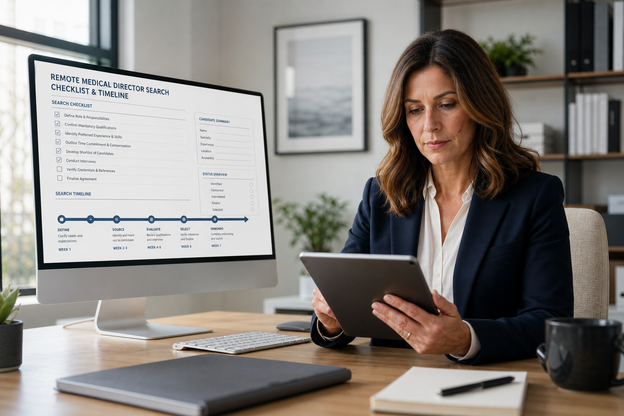 A modern professional workspace with a large monitor displaying a remote medical director search checklist and timeline, representing the structured process of finding a collaborating physician.