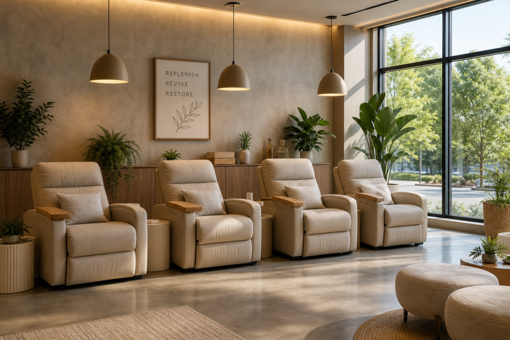 Modern IV therapy wellness lounge with comfortable recliners, warm ambient lighting, and green plants.