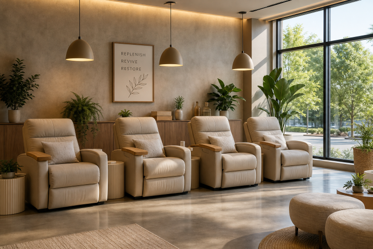 Modern IV therapy wellness lounge with comfortable recliners, warm ambient lighting, and green plants.