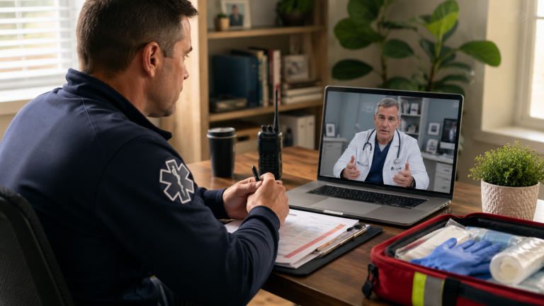 Healthcare professional at a modern home office desk engaged in a remote video consultation with a physician visible on laptop screen, warm natural light, plants and bookshelf in background