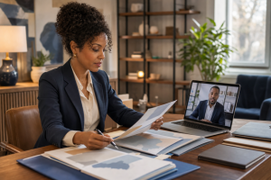 Advanced practice provider reviews abstract licensing documents during a remote physician meeting